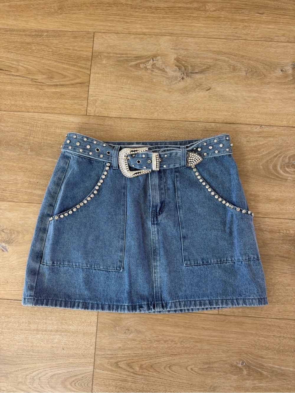 Studded Blue Denim A-Line Mini Skirt with Rhinestone Belt